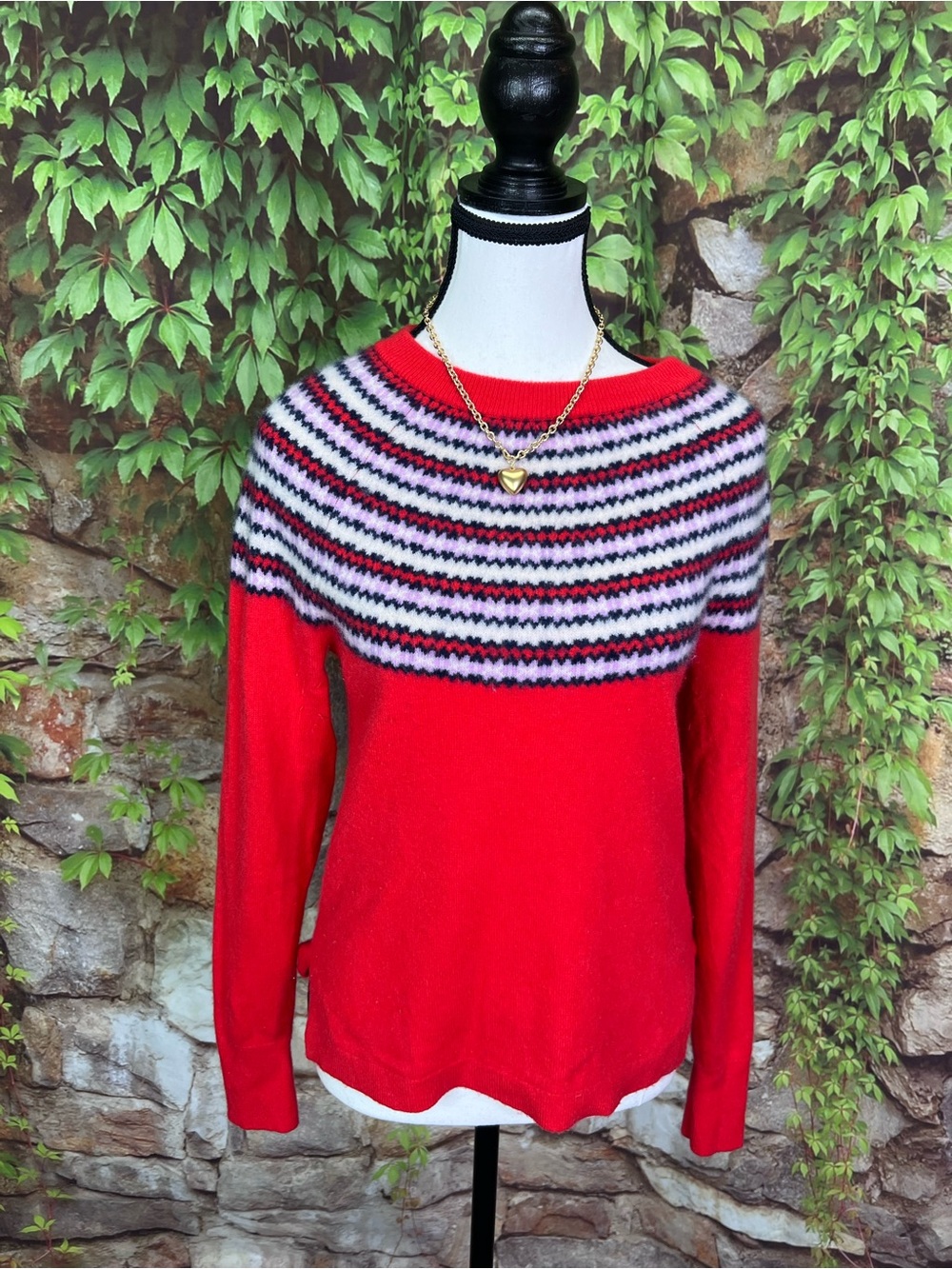 J. CREW Red Classic Prep Fair Isle Nordic Pure Cashmere Pullover Sweater, S - Picture 2 of 10